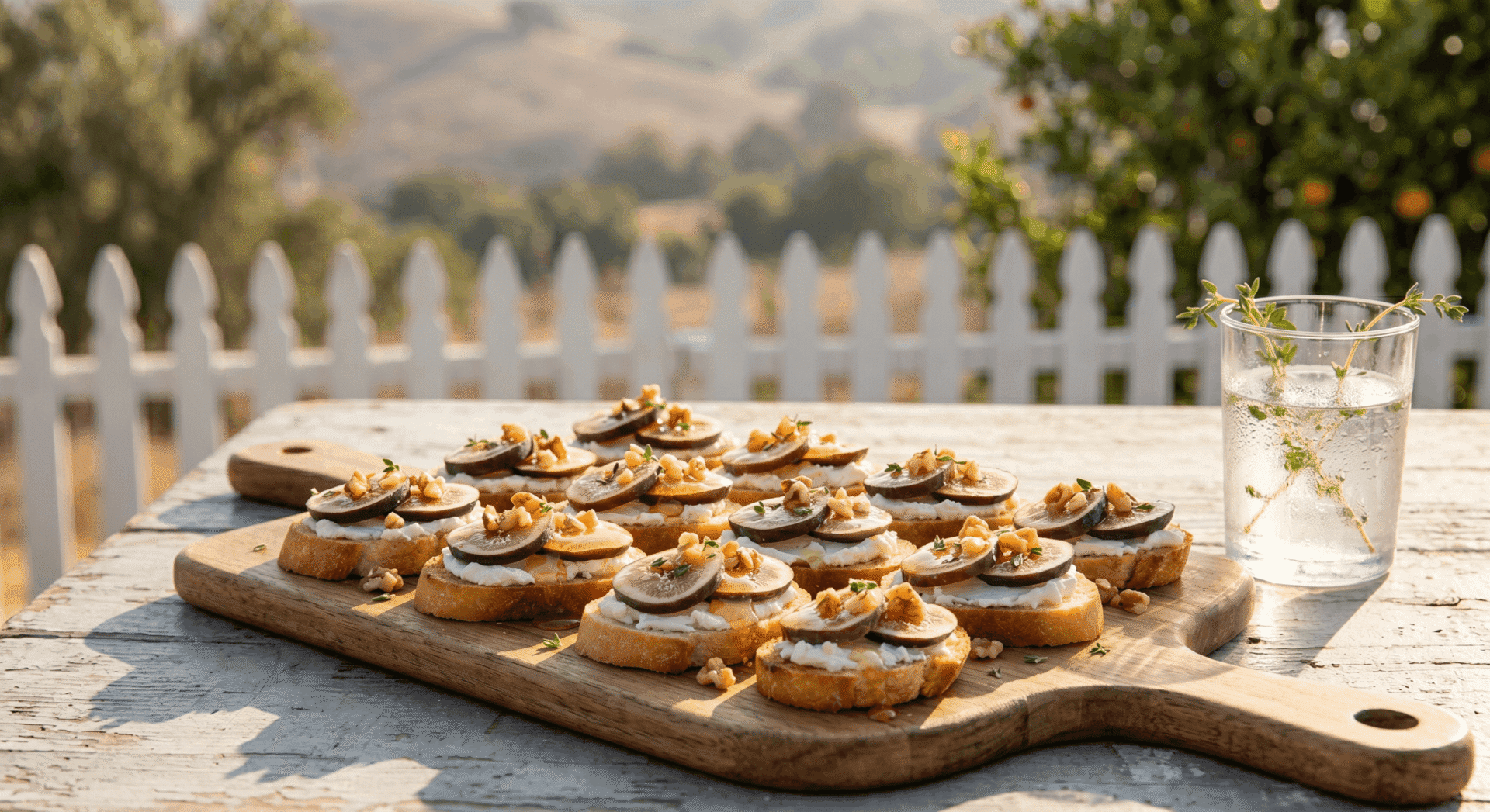 Crisp, golden baguette crostini spread with creamy goat cheese, layered with fresh sliced purple figs and toasted walnuts, finished with a generous glossy drizzle of raw Orange Blossom Honey and fresh thyme on a rustic wooden serving board.