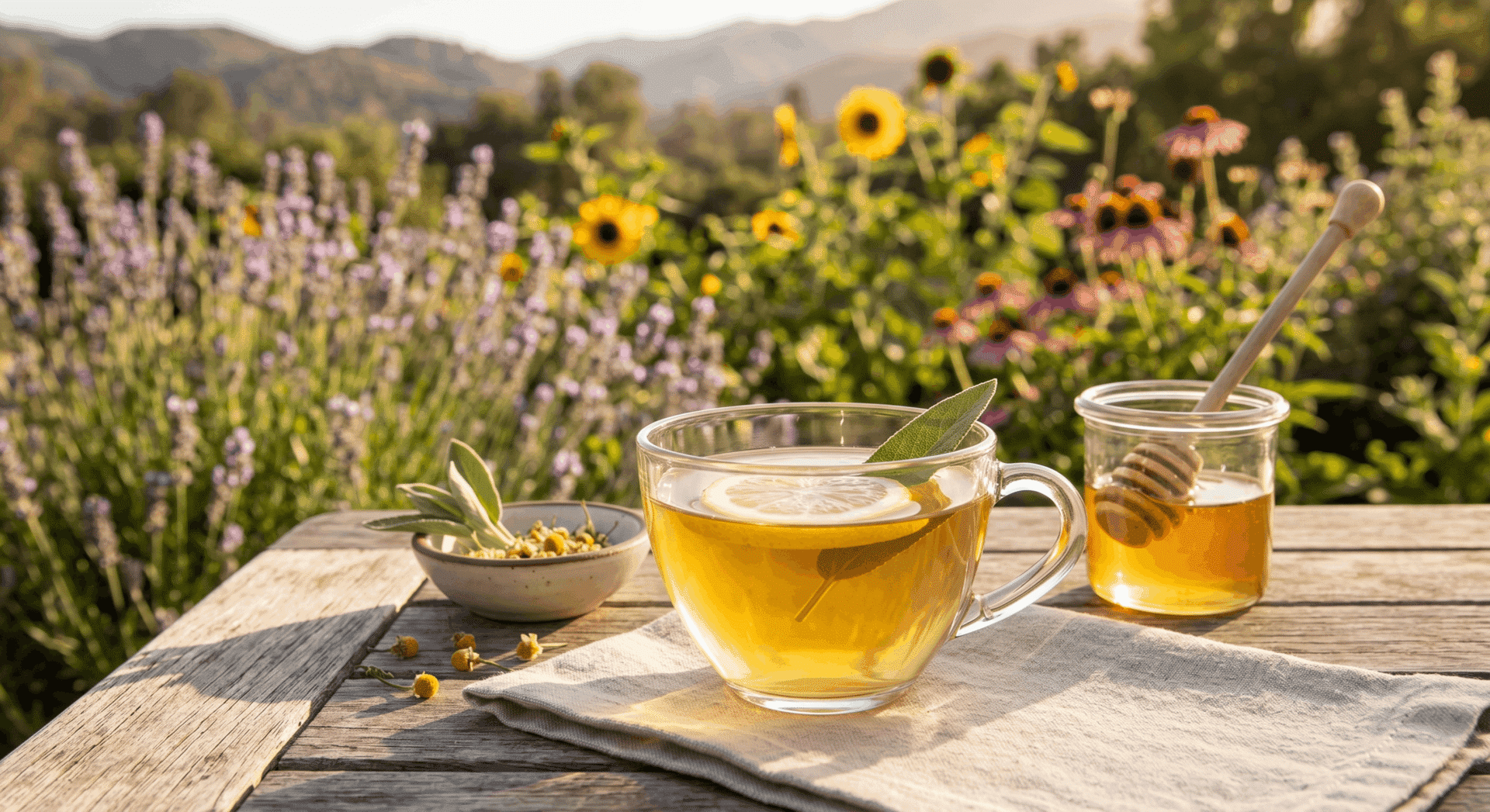 A clear glass mug filled with golden, warm chamomile tea sweetened with raw Sage Honey, garnished with a floating lemon wheel and a fresh sage leaf on a rustic wooden garden table, with a soft, sunlit background of blooming purple garden flowers.