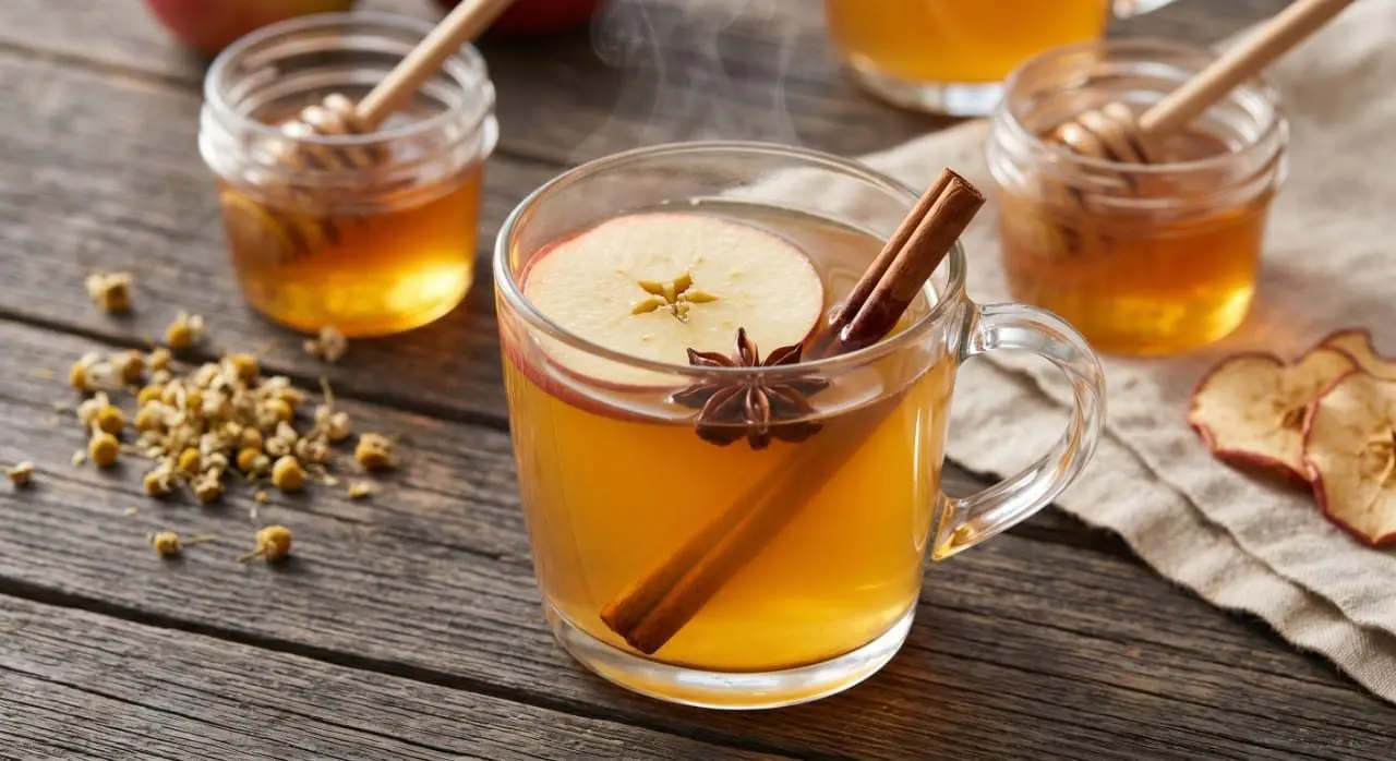 A clear glass mug filled with a warm, steaming golden-amber apple spice tea toddy, beautifully garnished with a cinnamon stick and a fresh apple slice, resting on a rustic wooden table under the soft-focus backdrop of sunlit Ojai orchard trees.