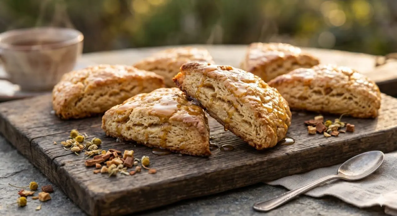 Freshly baked, golden-brown apple spice tea scones resting on a rustic wooden board, glistening with a generous, glossy drizzle of raw Wildflower Honey under warm morning sunlight.
