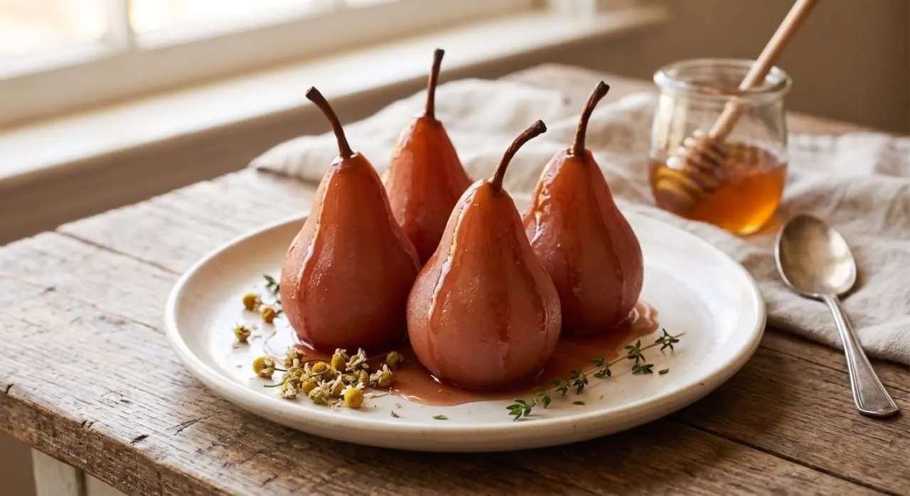 Whole Bosc pears peeled with stems intact, perfectly poached to a rich golden color and glistening with a warm, glossy syrup made from raw Wildflower Honey and cinnamon apple spice tea, served elegantly on a white porcelain dessert plate.