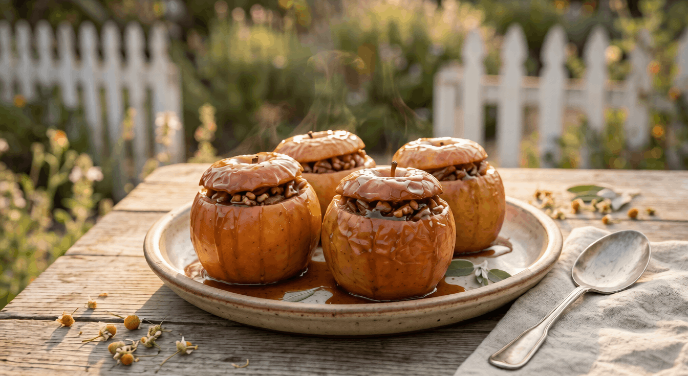 Golden, oven-baked apples filled with a spiced pecan stuffing, glistening with a rich amber glaze made from raw Wildflower Honey and Cinnamon Apple Spice tea, served warm on a rustic plate.