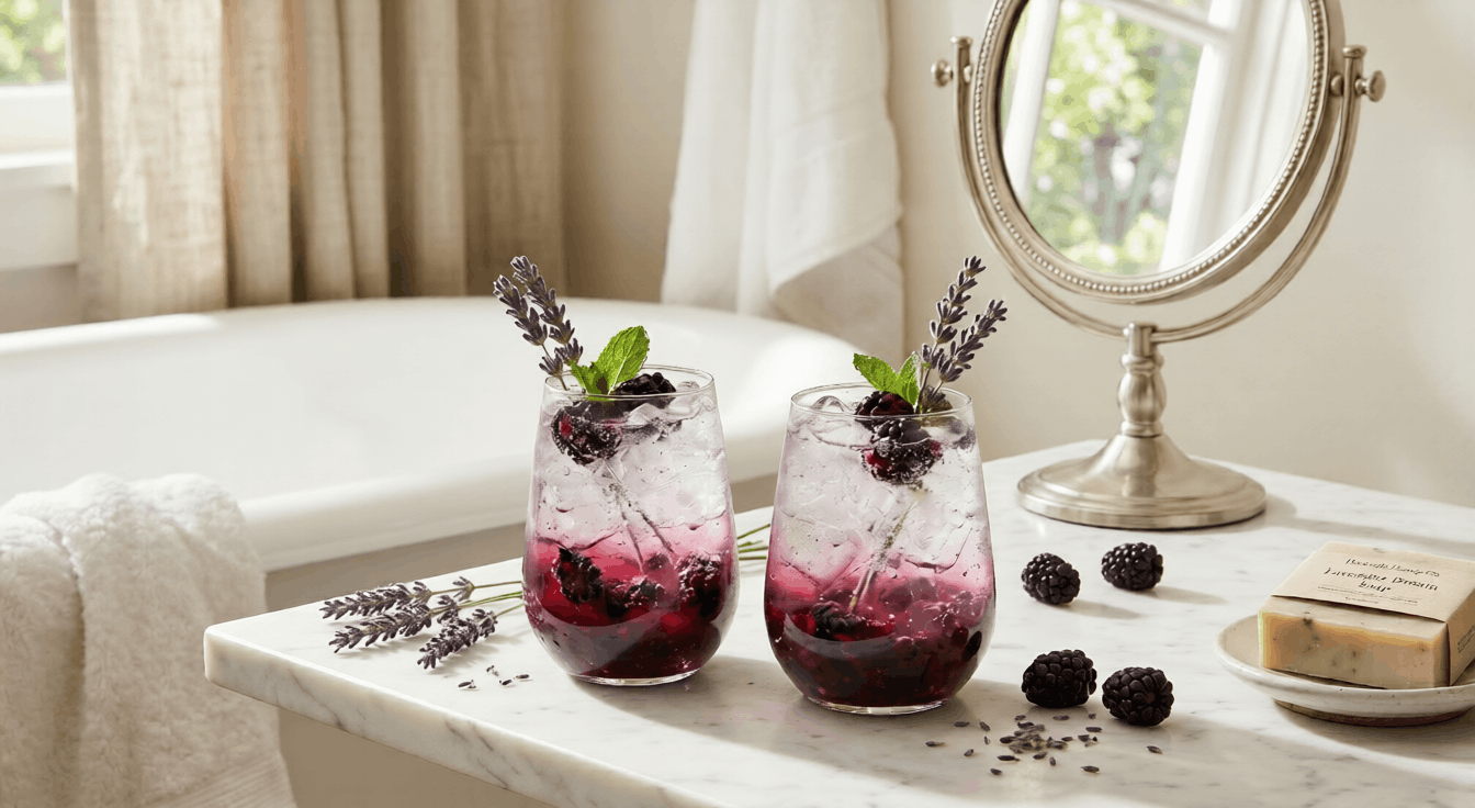 Two elegant clear glasses filled with a vibrant purple muddled blackberry and lavender honey spritzer, layered over crushed ice and garnished with fresh lavender sprigs and mint leaves on a bright, sun-drenched marble tabletop.