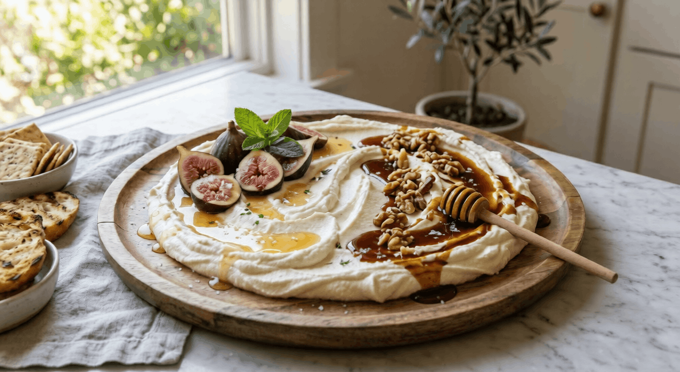 A rustic wooden sharing board featuring a smooth layer of whipped ricotta, elegantly split with one side drizzled in light golden Orange Blossom honey and topped with fresh figs, and the other side drizzled with deep, dark Buckwheat honey and toasted walnuts.