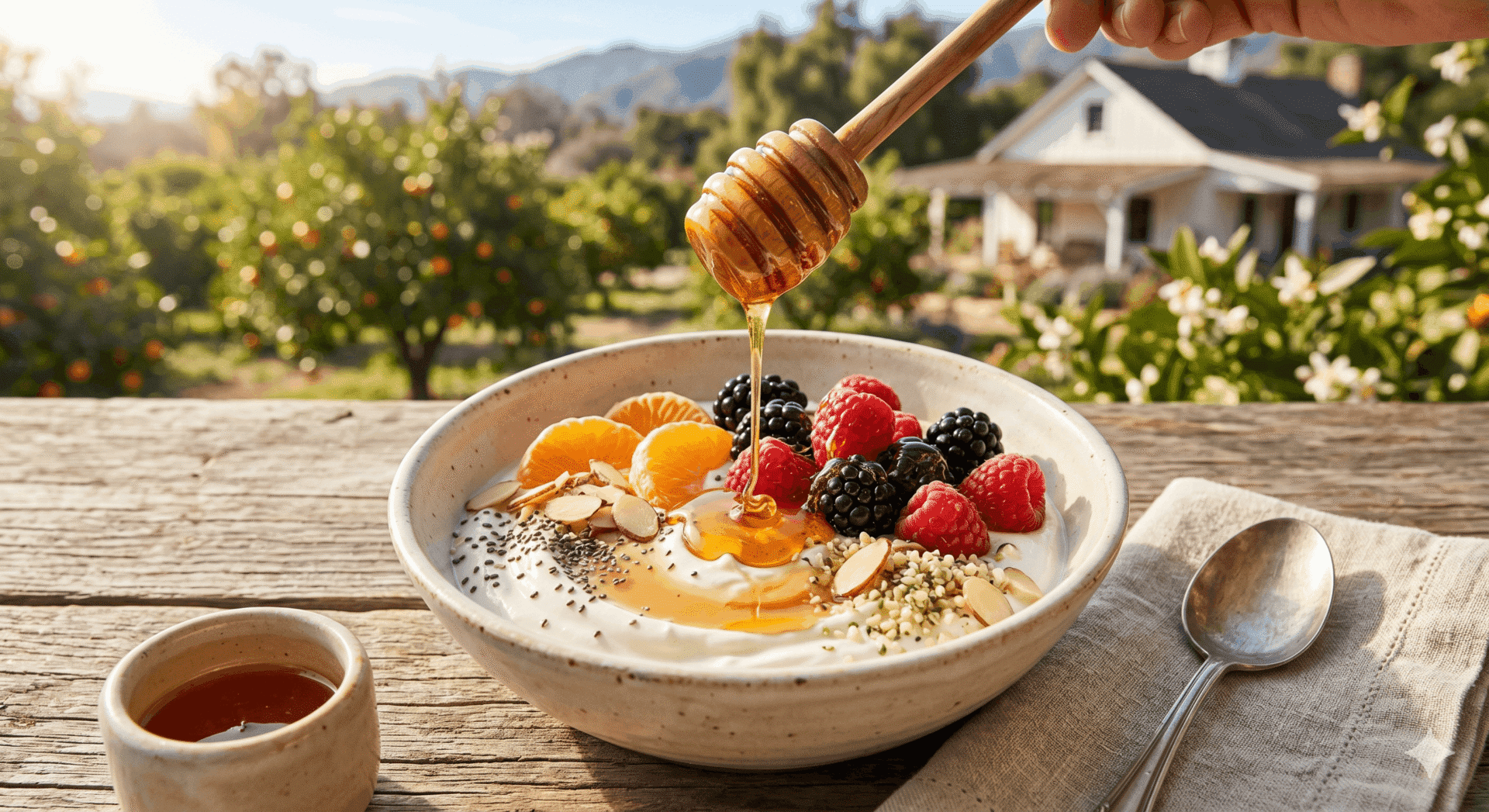 A vibrant breakfast bowl featuring thick Greek yogurt topped with fresh orange segments, blackberries, toasted sliced almonds, and a glossy drizzle of pure, raw golden honey under soft morning sunlight.
