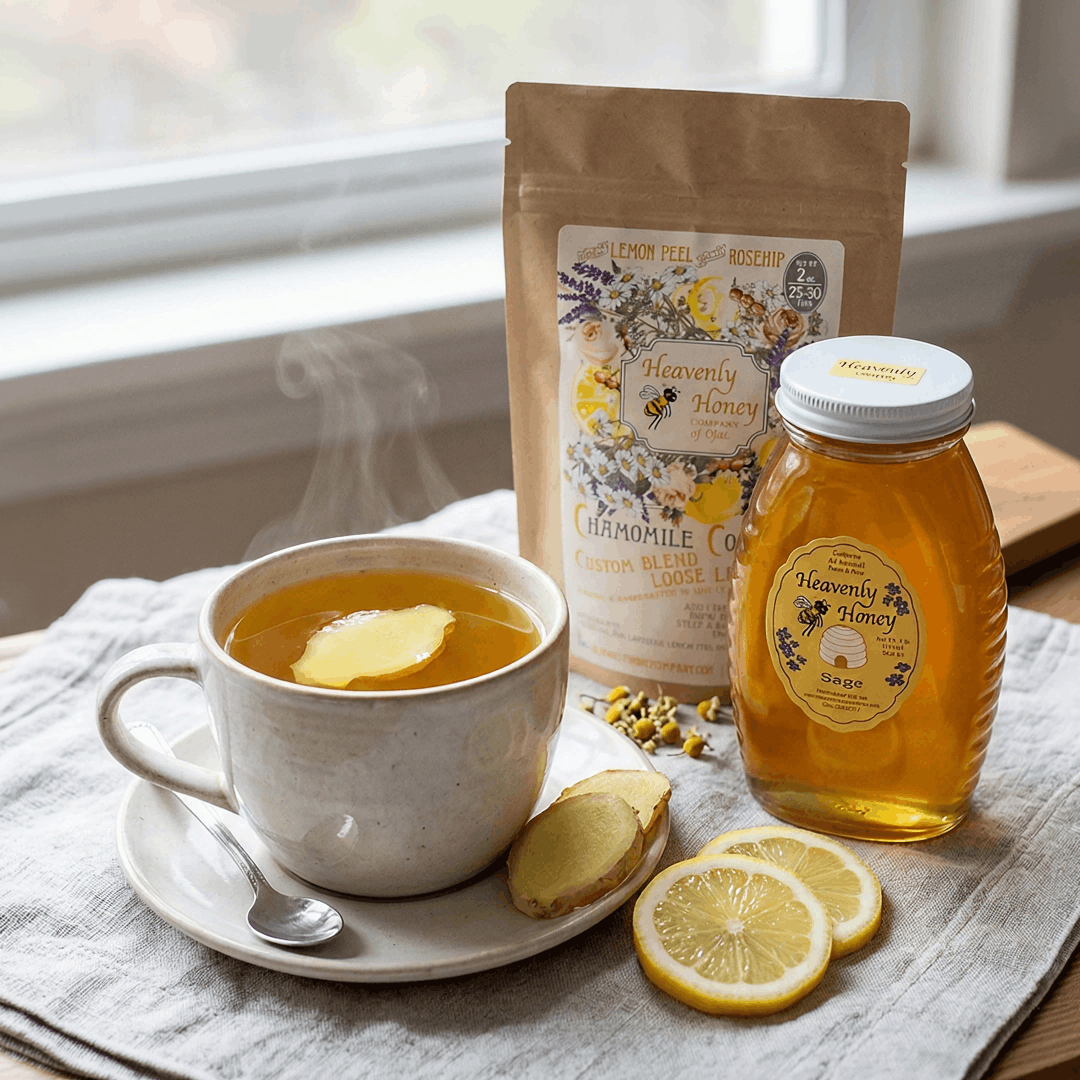 A steaming ceramic mug of ginger-infused chamomile tea served next to fresh ginger slices, a lemon wheel, and a jar of light golden sage honey on a soft linen napkin.