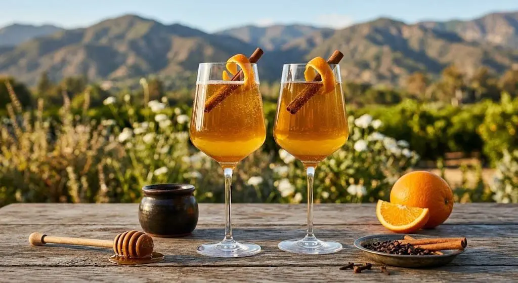 A sparkling golden-amber mead-inspired spiced honey elixir mocktail served in elegant stemware on a rustic wooden table, garnished with a fresh orange twist and a cinnamon stick with a soft-focus Ojai landscape in the background.