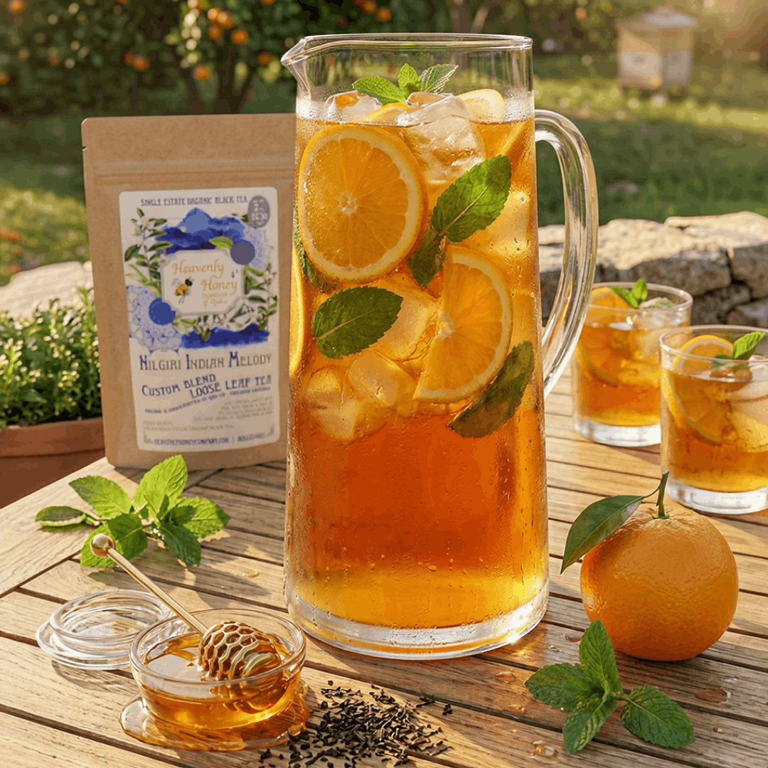 A tall, sweating glass pitcher filled with vibrant, amber-colored Nilgiri iced tea sweetened with raw orange blossom honey, garnished with floating fresh orange slices and green mint leaves on a sunlit wooden outdoor table.