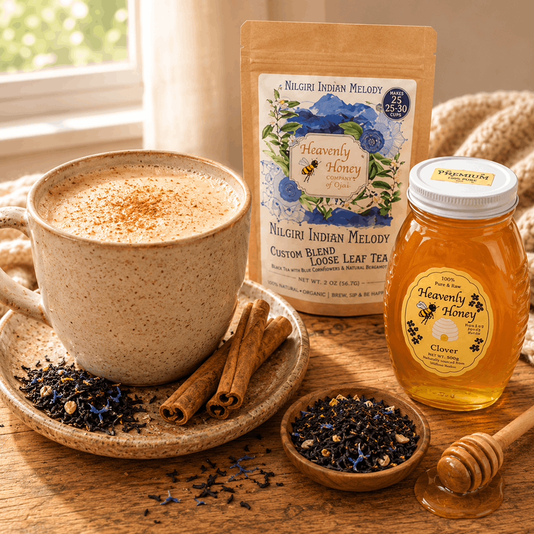 A cozy, warm ceramic mug filled with a frothy Spiced Lake Isabella Nilgiri Tea Latte dusted with a pinch of nutmeg, placed on a rustic wooden table next to a jar of thick, golden raw clover honey and whole cinnamon sticks.
