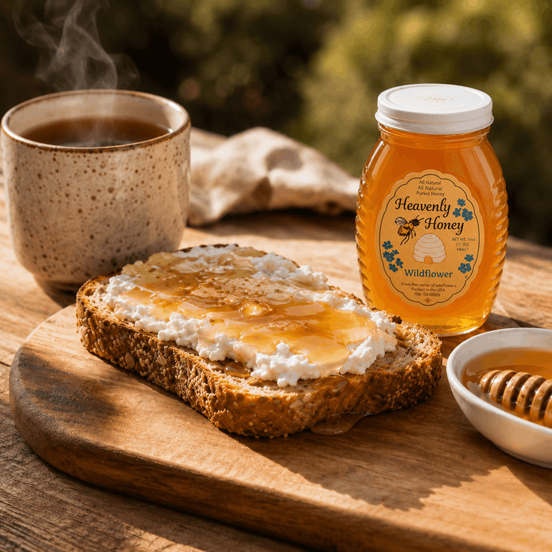 A crisp, golden slice of artisanal sourdough toast spread with thick white ricotta cheese and heavily drizzled with golden amber raw wildflower honey. The toast rests on a wooden board next to a steaming ceramic mug of hot tea under bright, natural afternoon light.