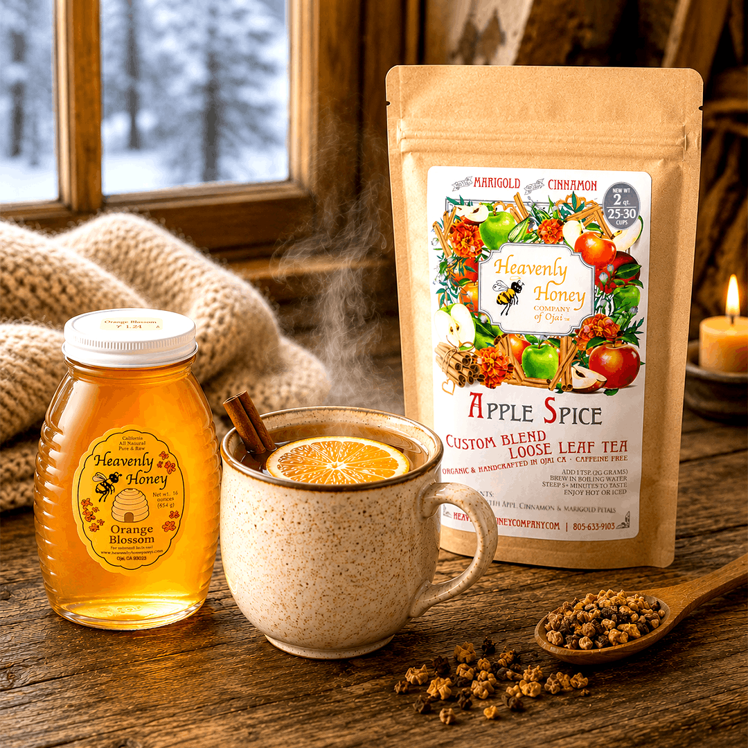 A steaming, heavy ceramic mug filled with amber-colored Ojai Winter Cluster Spiced Tea, garnished with a floating fresh orange wheel and a rustic cinnamon stick, resting on a weathered wooden table under warm, cozy indoor winter lighting. 