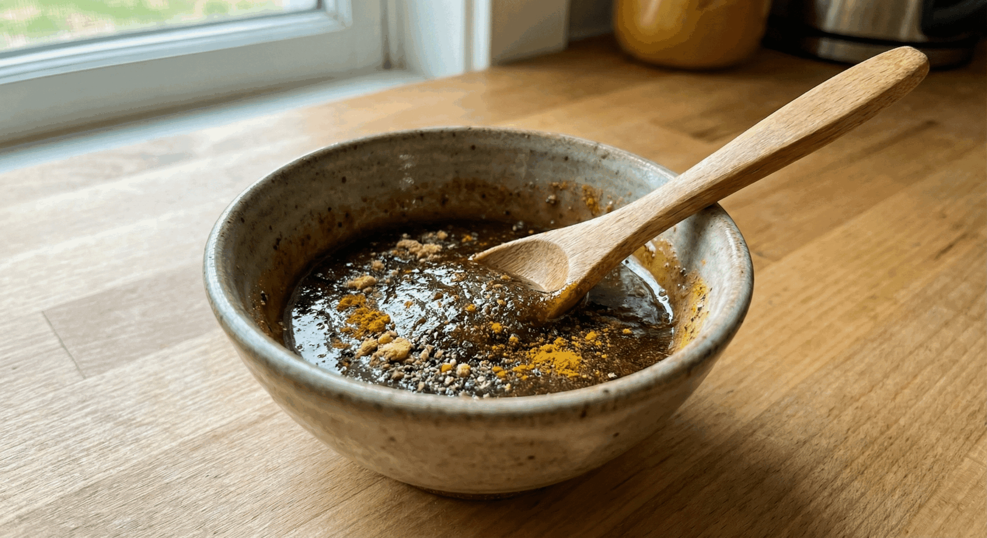 A close-up of Barbara’s Signature Sinus Clearer, a dark paste made of raw Buckwheat honey, ginger, and turmeric in a small bowl for natural sinus relief.