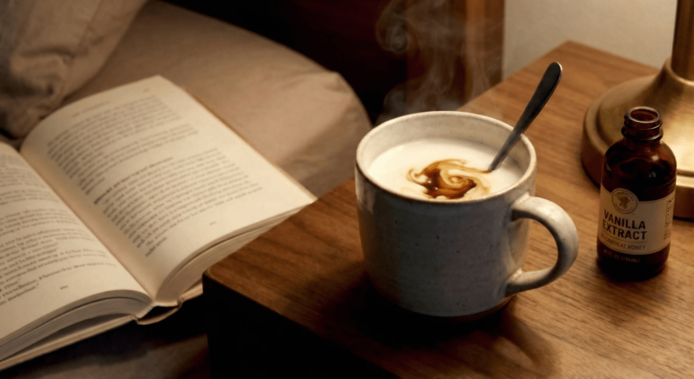 A soothing Deep Sleep Buckwheat Nightcap consisting of warm milk and a spoonful of raw Buckwheat honey in a mug to suppress nighttime coughing.