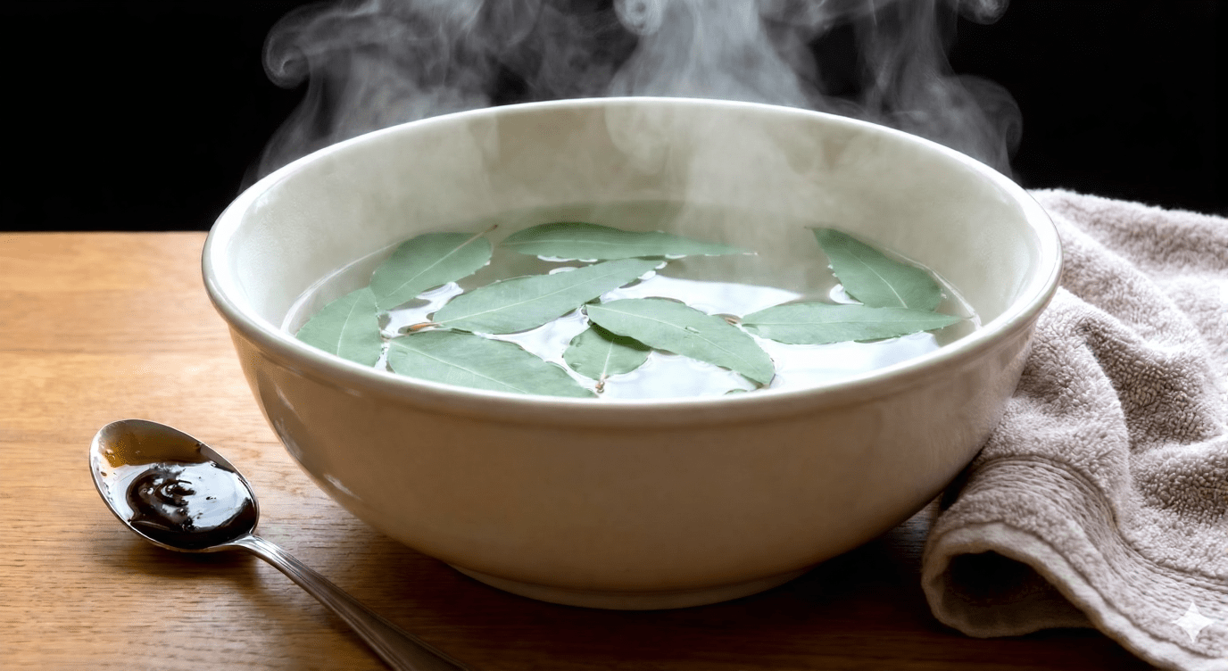 Natural eucalyptus steam treatment for sinus congestion with a steaming bowl of hot water and a separate spoonful of dark Buckwheat honey for sore throat relief.