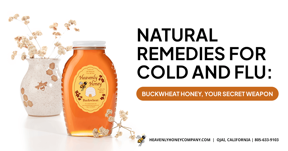 Jar of Heavenly Honey buckwheat honey, a natural remedy for cold and flu, next to a decorative vase.