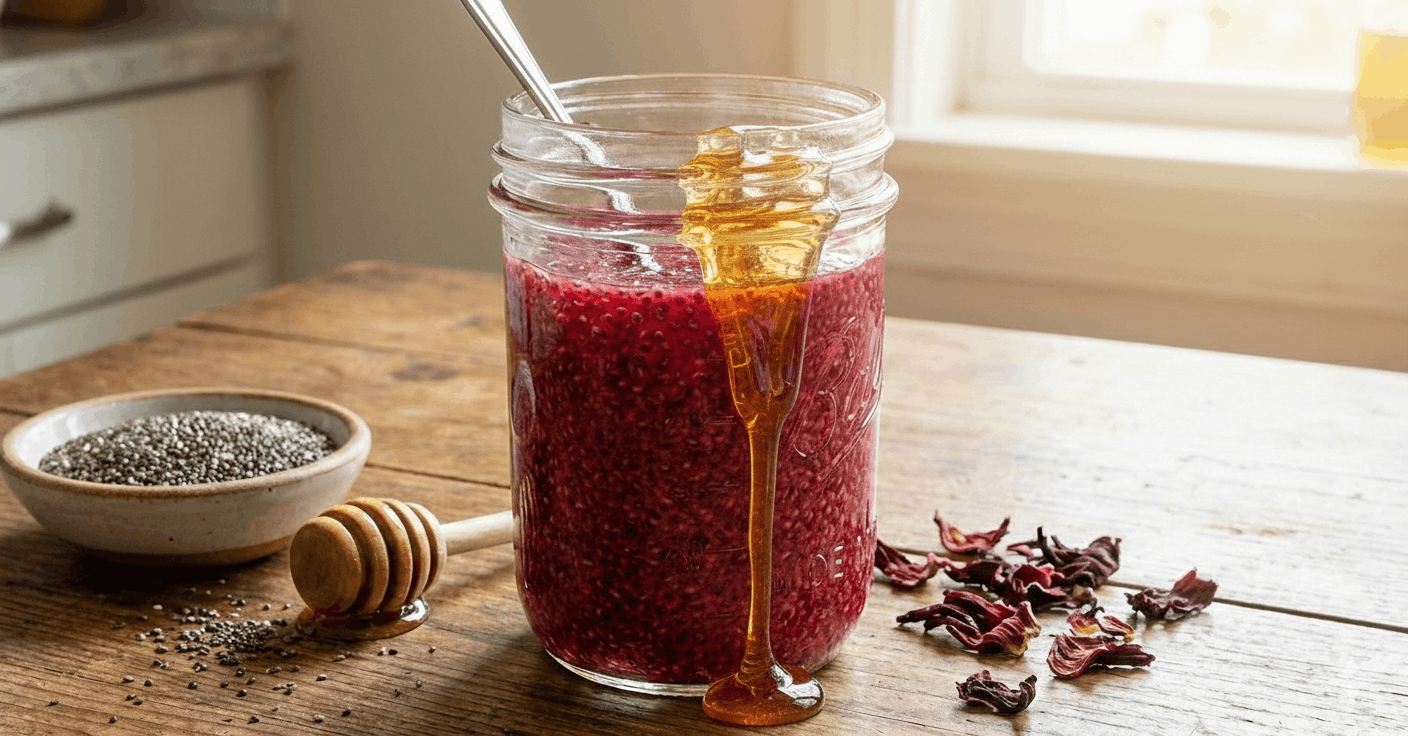 A jar of deep red hibiscus chia seed pudding with a honey-coated spoon and dried hibiscus flowers on a wooden table.