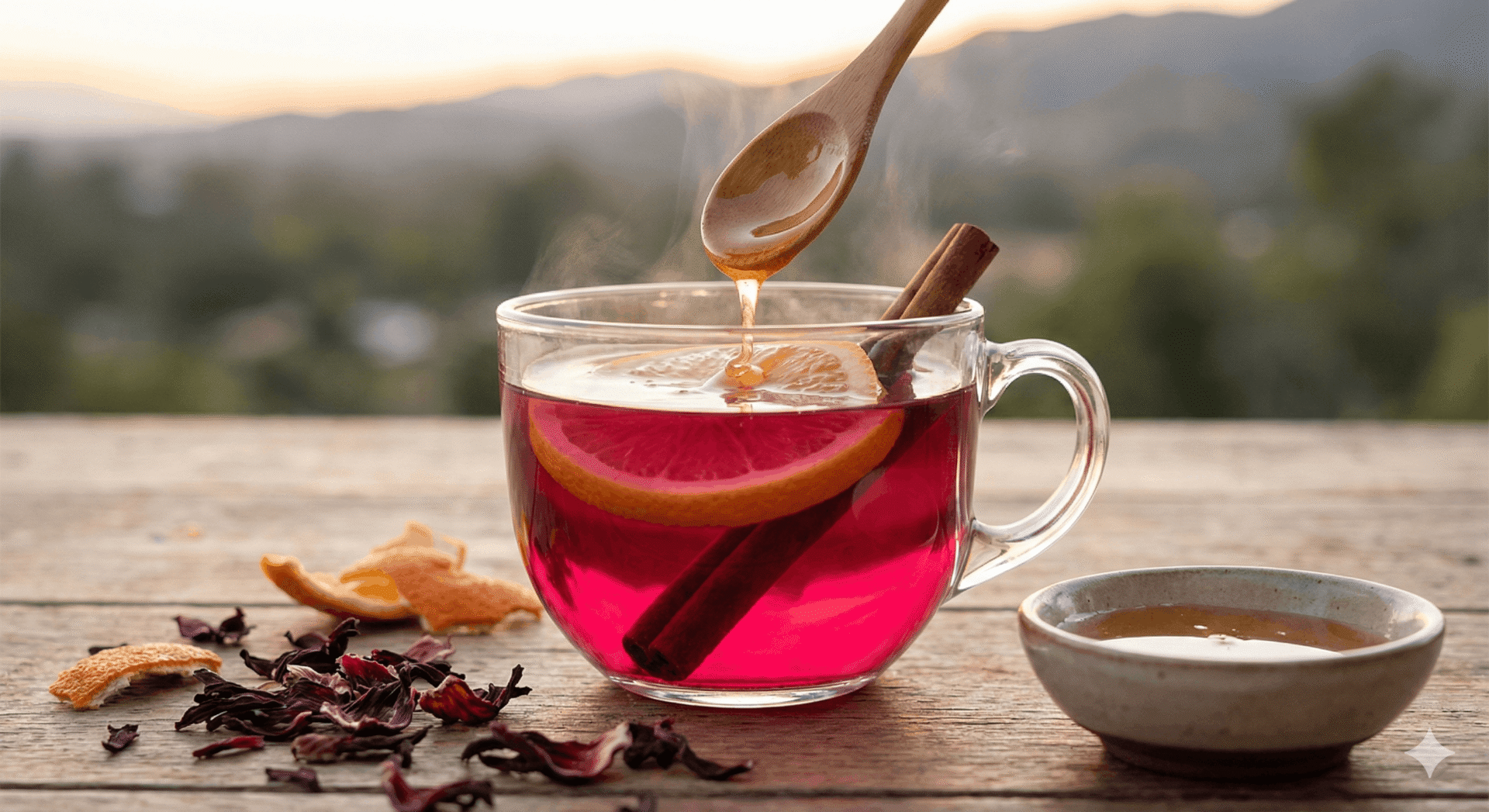 A clear mug of steaming Ojai Pink Moment hot tea with an orange slice and cinnamon stick, drizzled with Heavenly Honey.