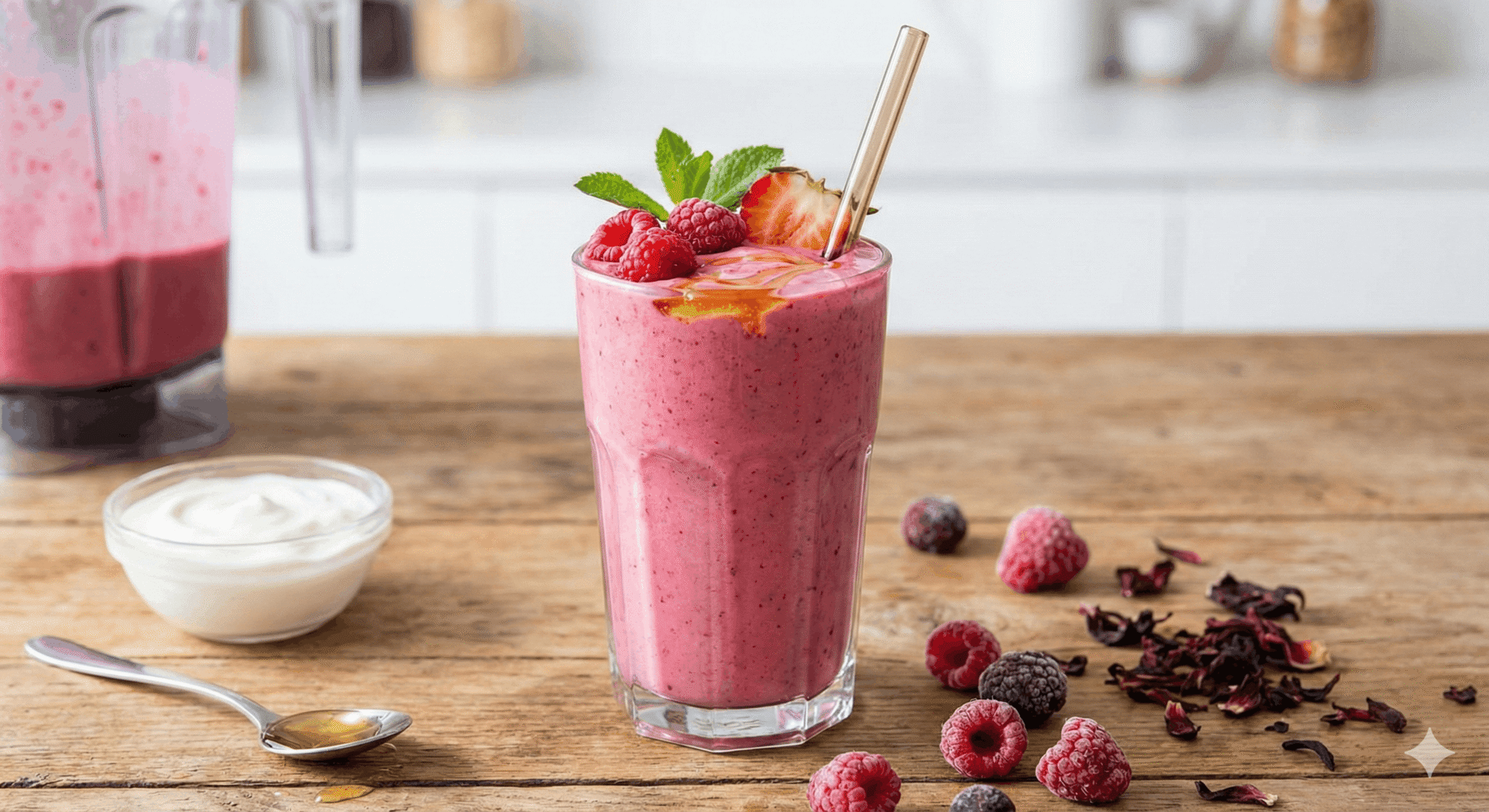 A creamy pink hibiscus smoothie topped with fresh raspberries, a strawberry slice, mint, and a drizzle of honey.