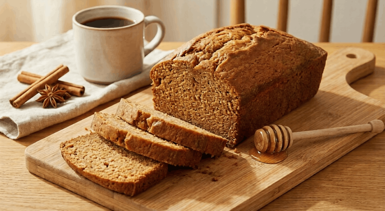 A sliced loaf of moist, golden-brown spiced honey cake on a wooden cutting board next to a cup of coffee.