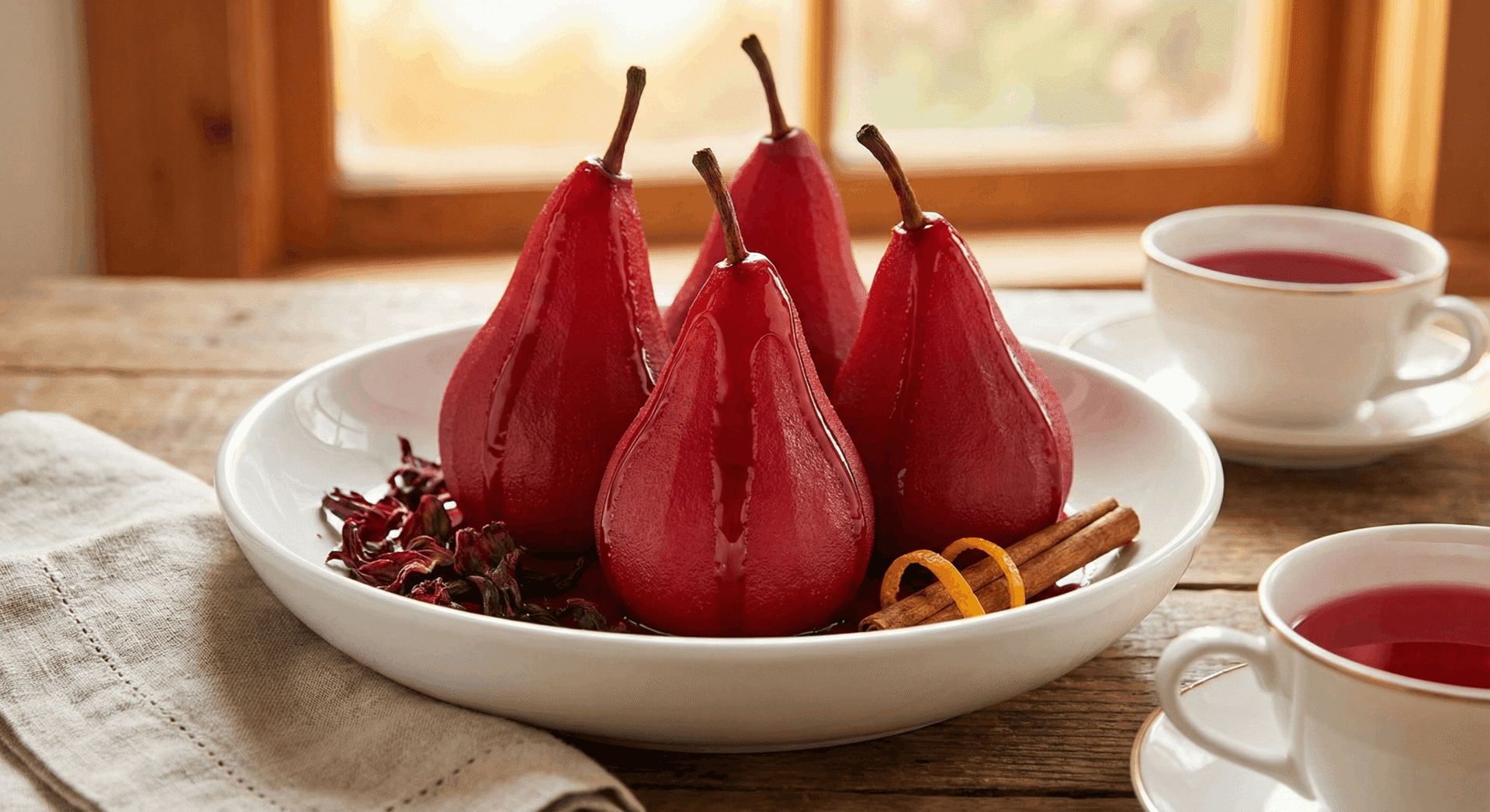 Vibrant red hibiscus and honey poached pears served on a white plate with cinnamon sticks and Ojai Pink Moment tea.