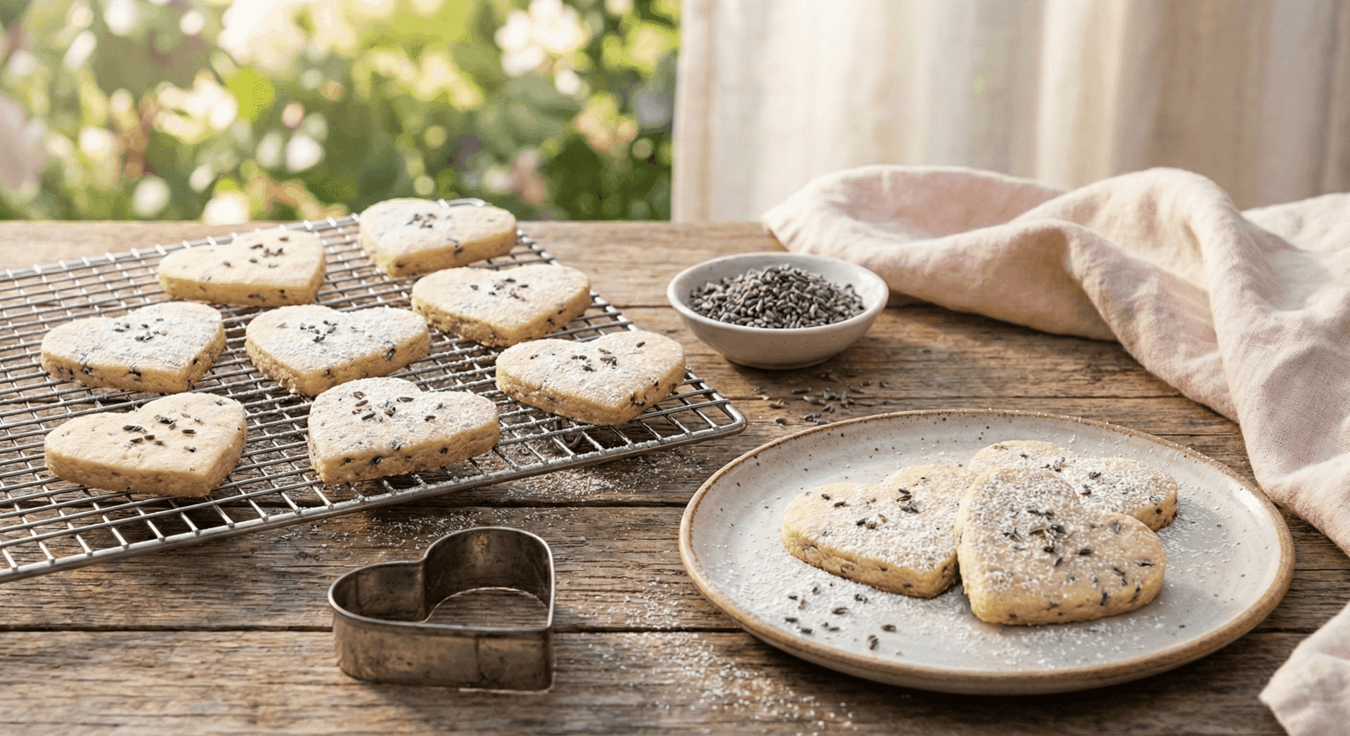 Heart-shaped honey and lavender shortbread cookies dusted with powdered sugar on a rustic wooden table.