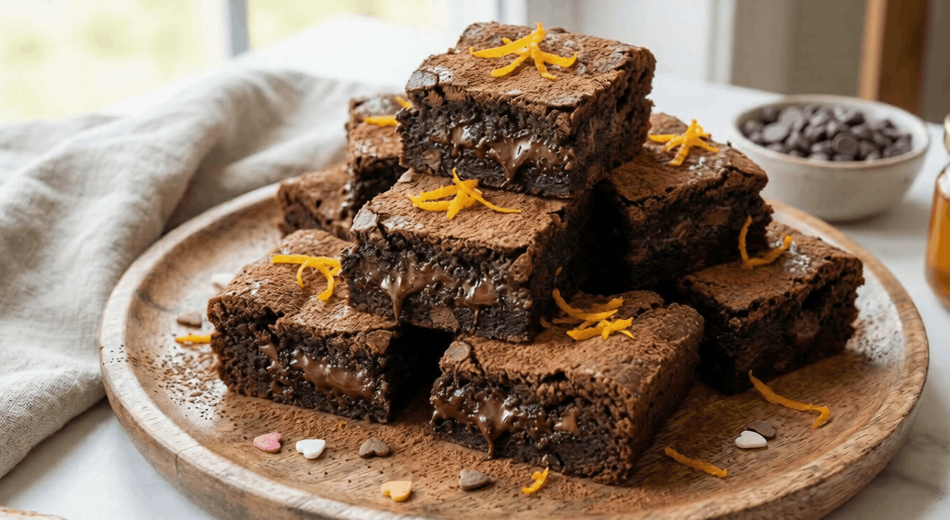 A stack of fudgy chocolate brownies made with orange blossom honey and topped with fresh orange zest.