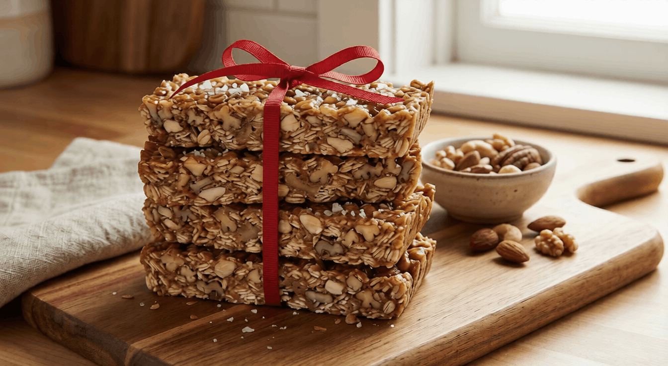 A stack of salted honey and nut bars tied with a red ribbon, perfect for a natural Valentine's Day gift.
