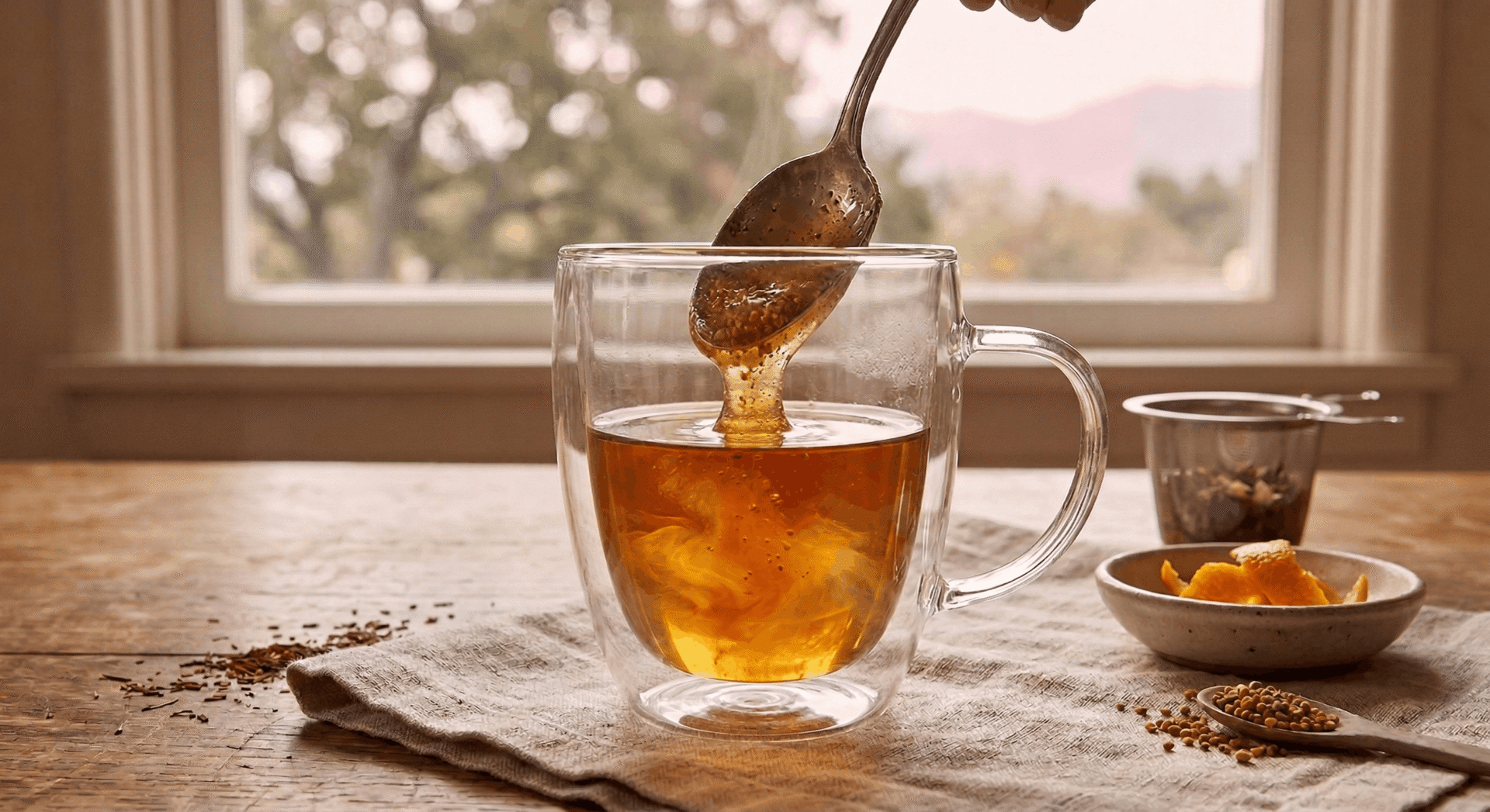 A clear glass mug of amber Ojai Orange Bliss tea with raw wildflower honey being stirred in by a silver spoon, featuring a soft swirl of cream for a natural allergy relief ritual.