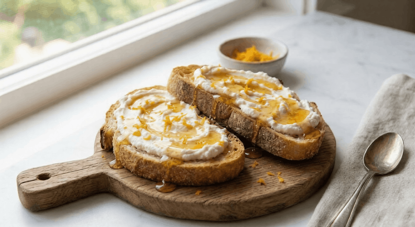 Two slices of sourdough toast spread with creamy ricotta and drizzled with raw wildflower honey, garnished with fresh orange zest to provide a daily dose of local pollen for allergy relief.