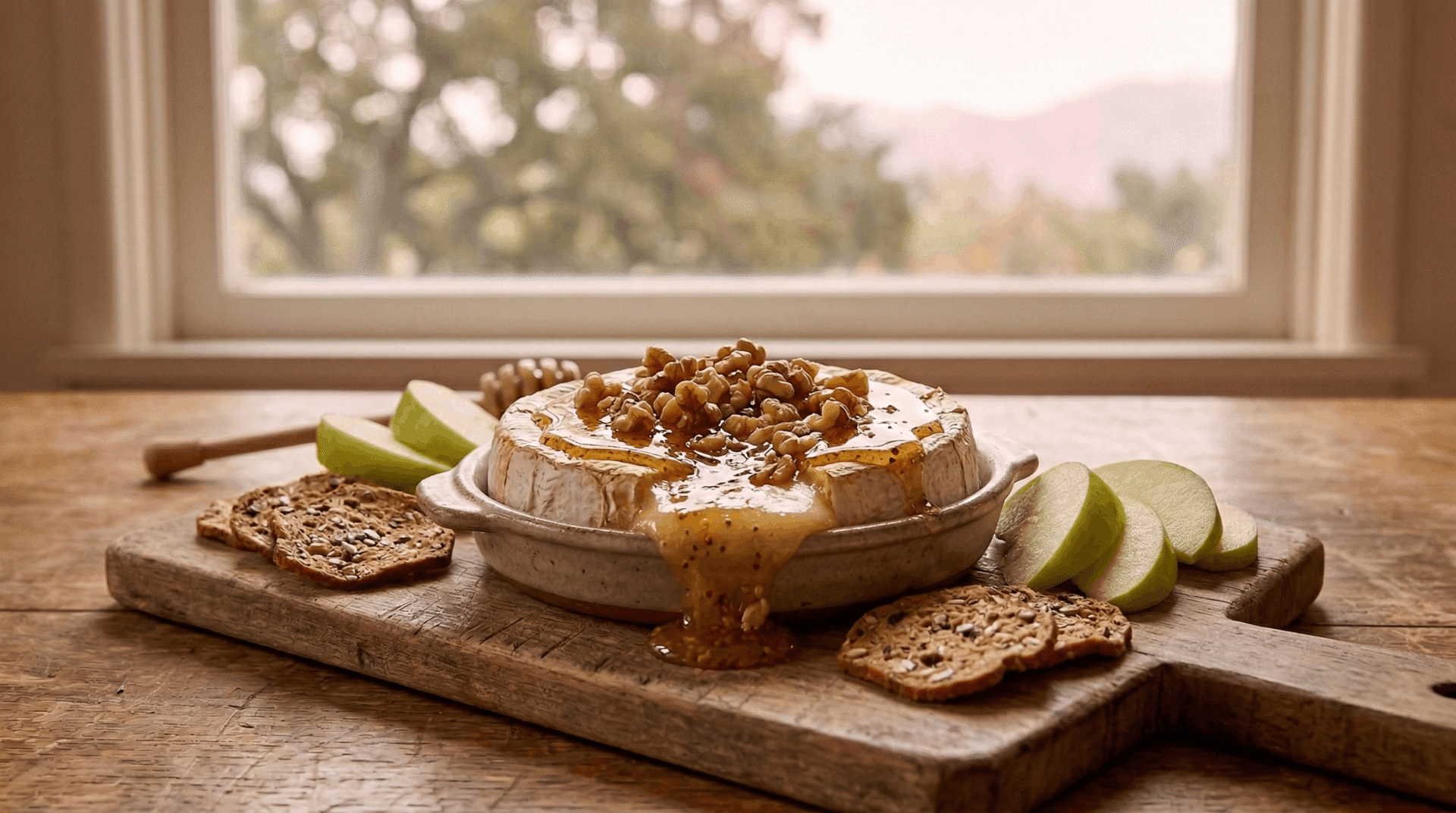 A wheel of gooey, melted baked brie in a rustic ceramic dish topped with a thick drizzle of raw wildflower honey and chopped walnuts, served with sliced green apples for a gourmet healthy snack.