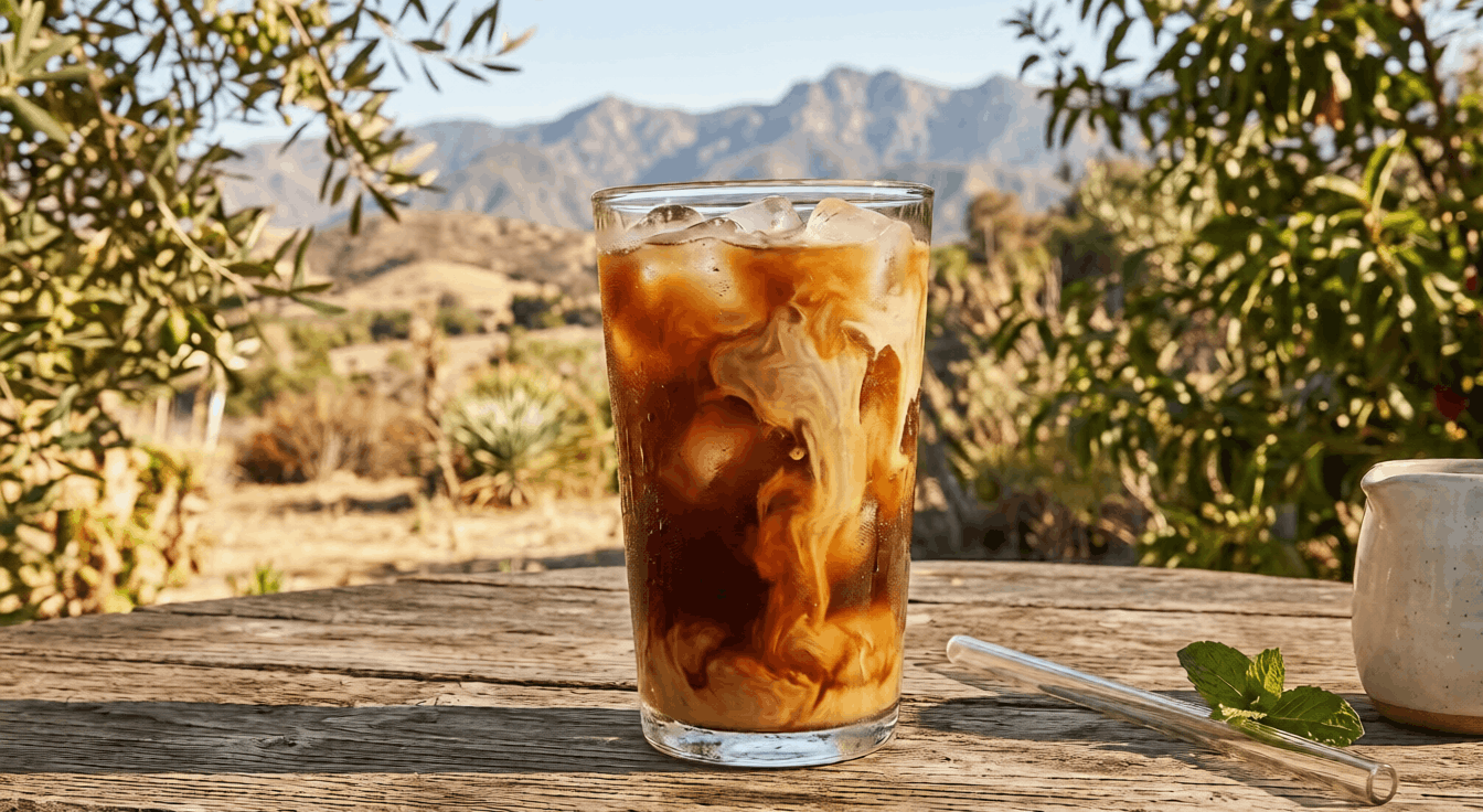 A tall glass of iced coffee with a creamy swirl, naturally sweetened with raw Alfalfa Honey, overlooking the arid landscape and desert flora of the Antelope Valley.