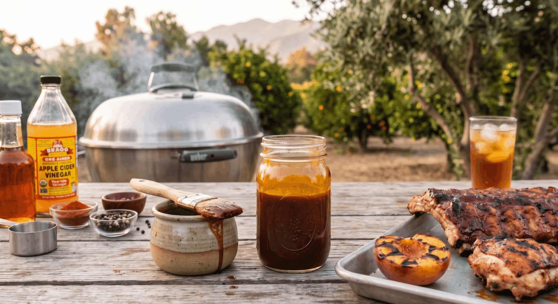 A rustic outdoor BBQ spread featuring ribs and chicken glazed with a dark Buckwheat Honey sauce, set on a wooden table in an Ojai citrus grove.