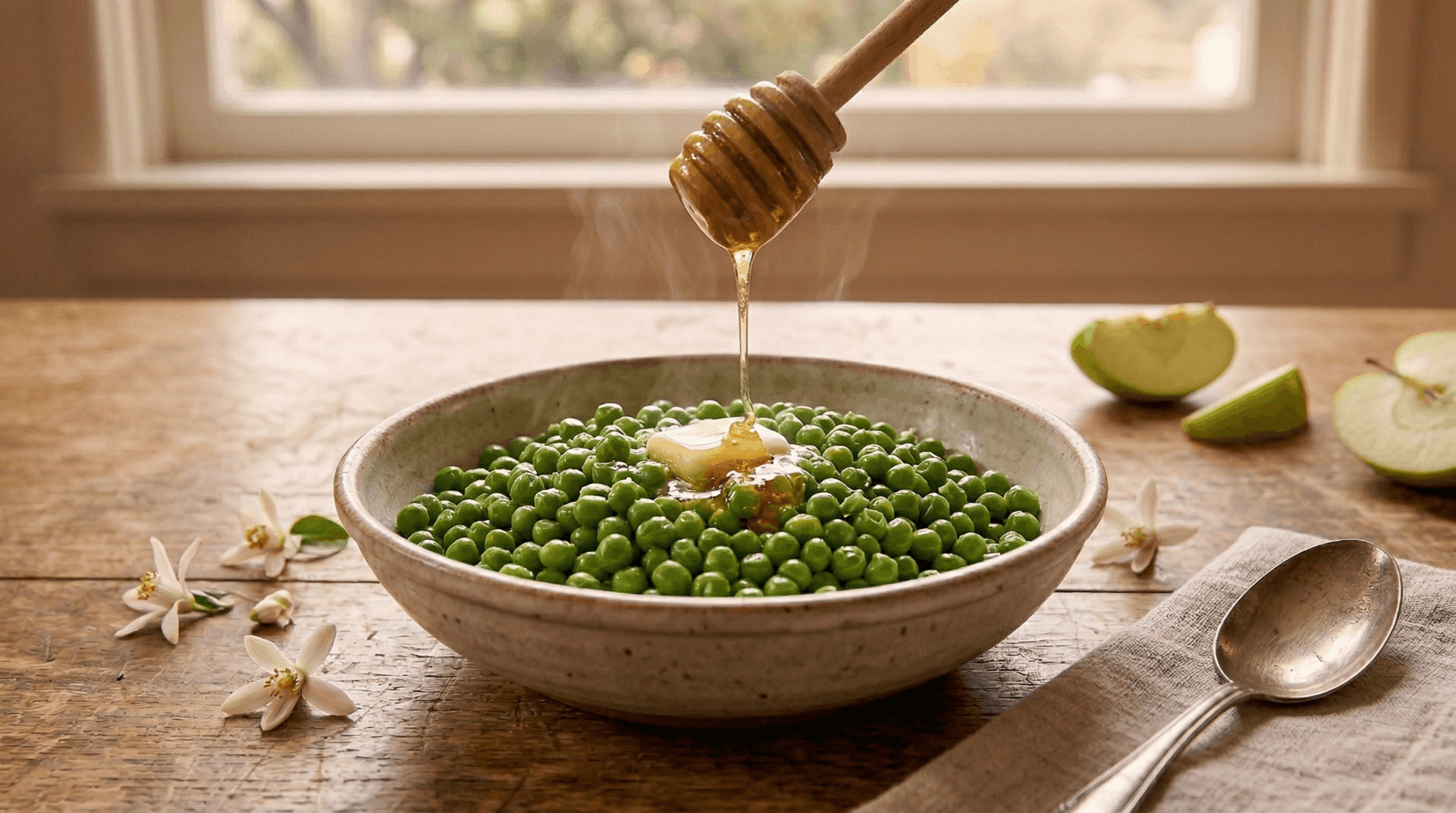 A steaming bowl of bright green peas topped with a pat of melting butter and a drizzle of raw Orange Blossom honey, showcasing a unique and healthy Mother’s Day side dish.
