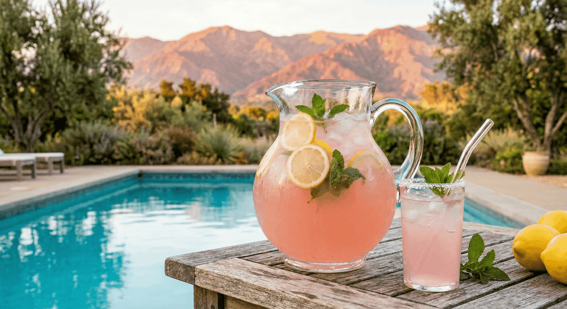 A glass pitcher of Ojai Pink Moment lemonade sweetened with raw Orange Blossom Honey, sitting on a poolside table with the iconic Ojai mountains in the background.